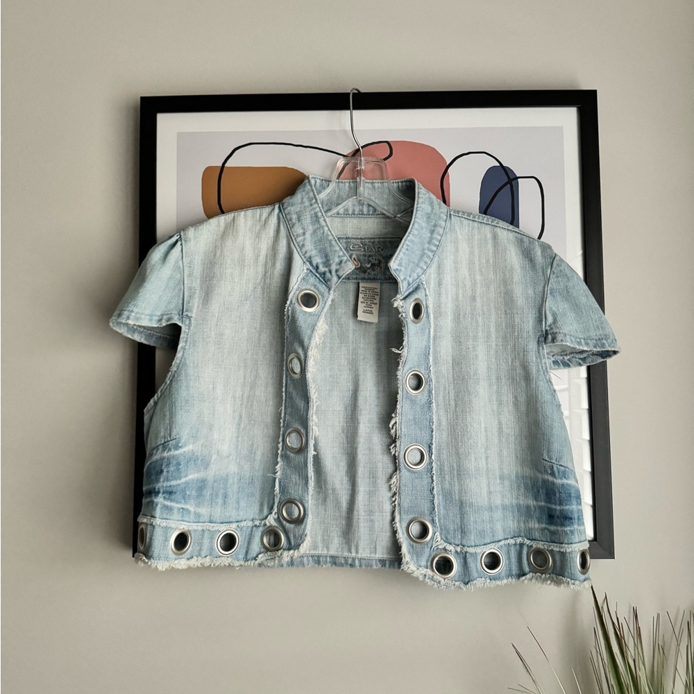 Star Jeans Y2K Light Blue Denim Crop Jacket with Grommet Details